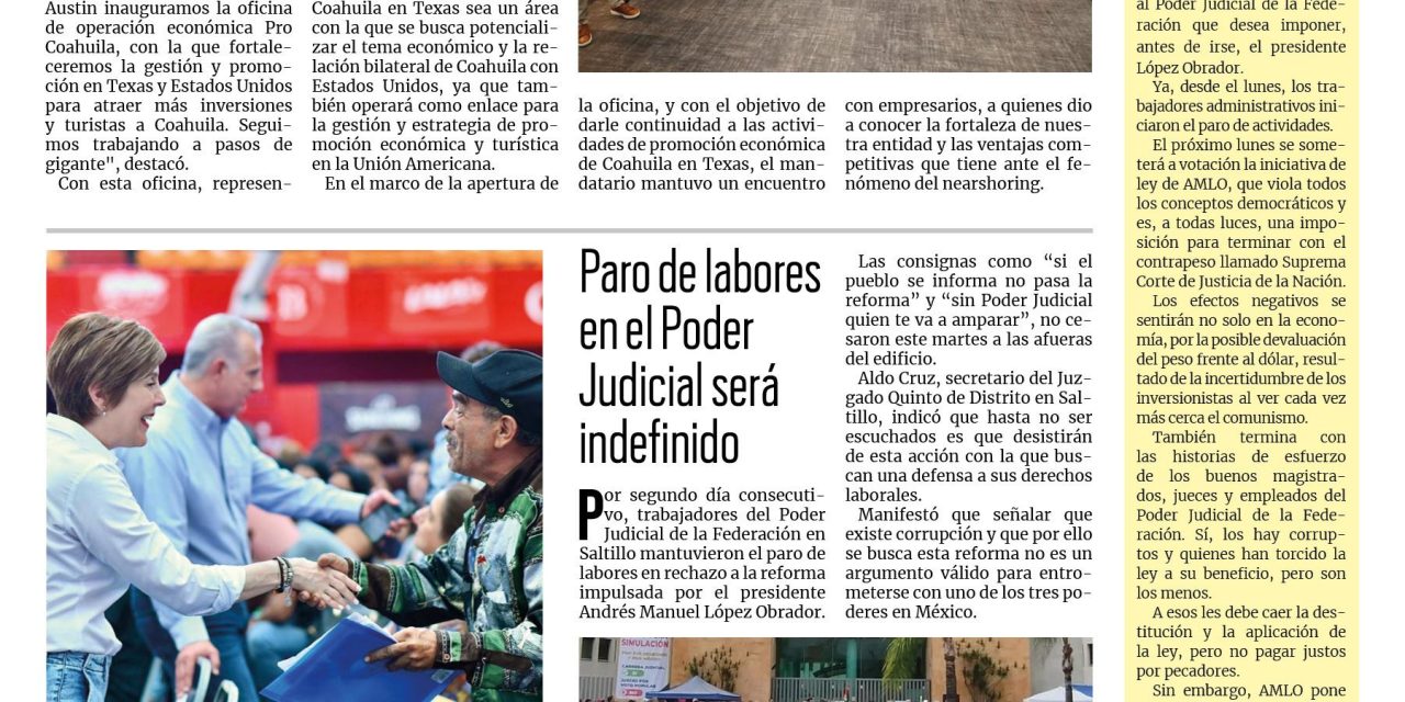 Portada RCG Lagunera [21 de agosto de 2024] Inaugura Manolo Jiménez oficina Pro Coahuila en Texas; van por mejoras salariales de nuevos profesionistas  y más…