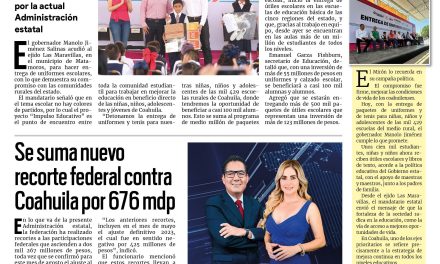 Portada RCG Lagunera [28 de agosto de 2024] Manolo Jiménez entrega uniformes en escuelas rurales de Coahuila; inauguran autoridades el pozo de agua Santa Fe y más…