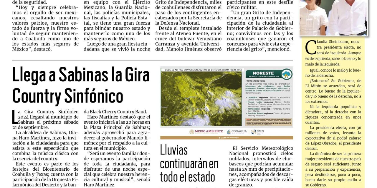 Portada RCG Carbonífera [17 de septiembre de 2024] ‘Mantenemos a Coahuila seguro con coordinación, fuerza y voluntad’; favorecen lluvias a la región Carbonífera  y más…
