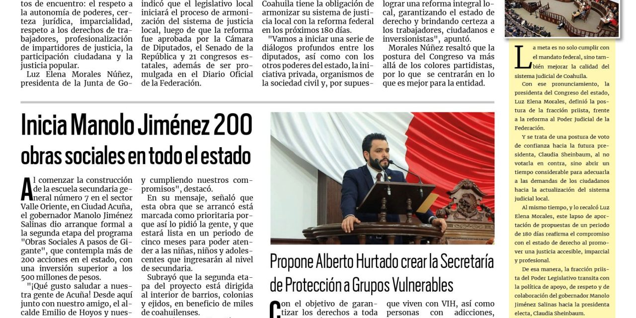 Portada RCG Centro [18 de septiembre de 2024] Congreso de Coahuila buscará fortalecer el sistema de justicia; arrestan a hombre que se drogaba frente a su hija  y más…