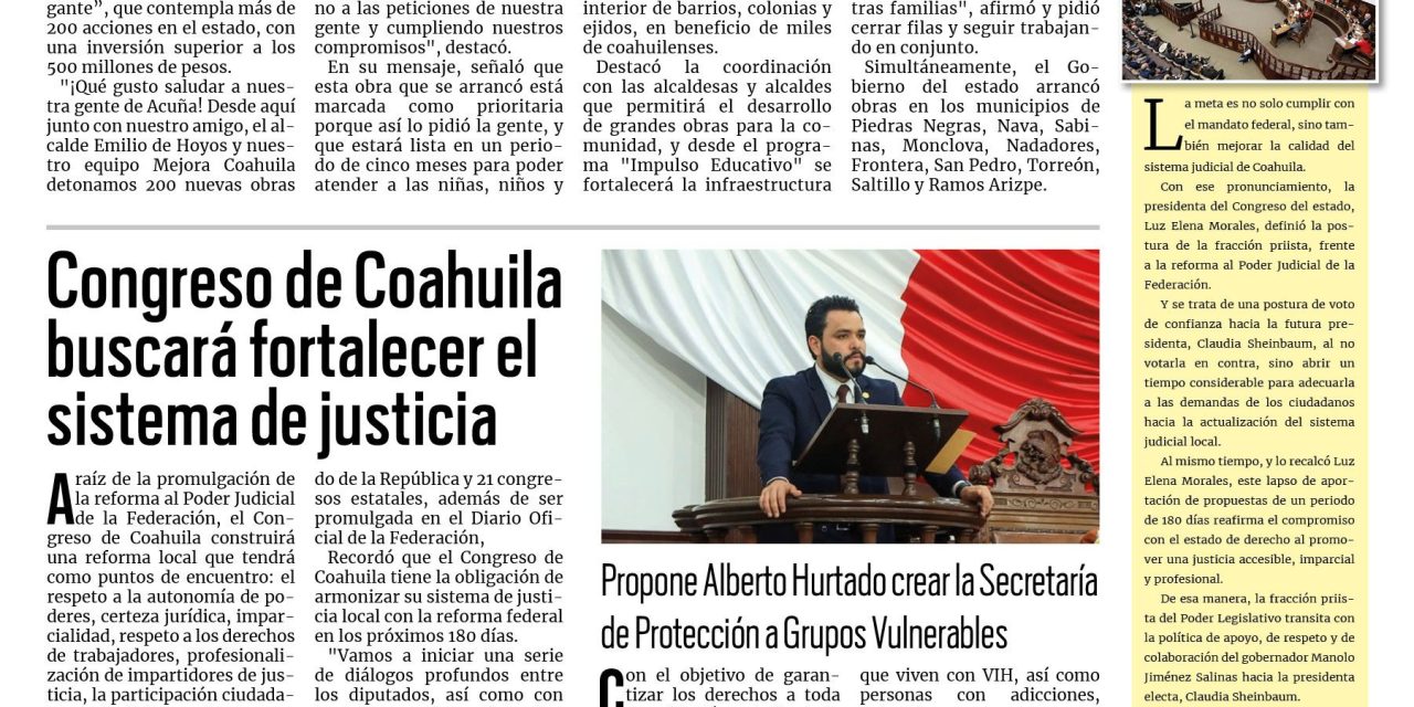 Portada RCG Fronteriza [18 de septiembre de 2024] Inicia Manolo Jiménez 200 obras sociales en todo el estado; celebran el aniversario 73 de Acuña como ciudad y más…