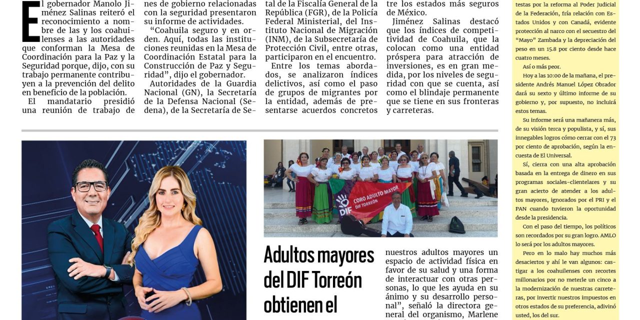 Portada RCG Lagunera [1 de septiembre de 2024] La coordinación es fundamental para la paz y la seguridad: Manolo Jiménez; Falta de transporte inclusivo afecta a 28 mil personas con discapacidad y más…