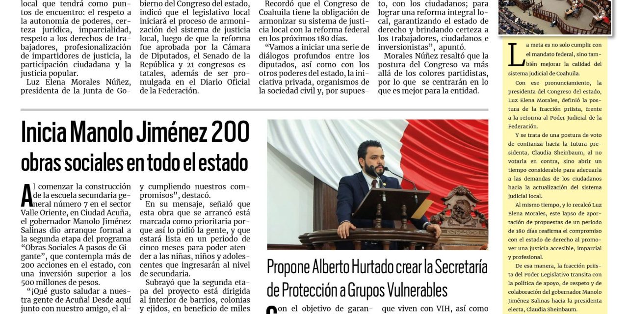 Portada RCG Lagunera [18 de septiembre de 2024] Congreso de Coahuila buscará fortalecer el sistema de justicia; Román Cepeda da el banderazo inicial a trabajos en la UPN  y más…