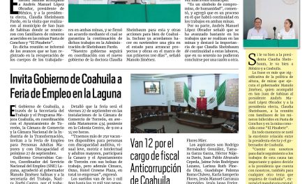 Portada RCG Lagunera [23 de septiembre de 2024]  Manolo Jiménez y Claudia Sheinbaum reiteran compromiso por Coahuila; invita Gobierno de Coahuila a Feria de Empleo en la Laguna  y más…