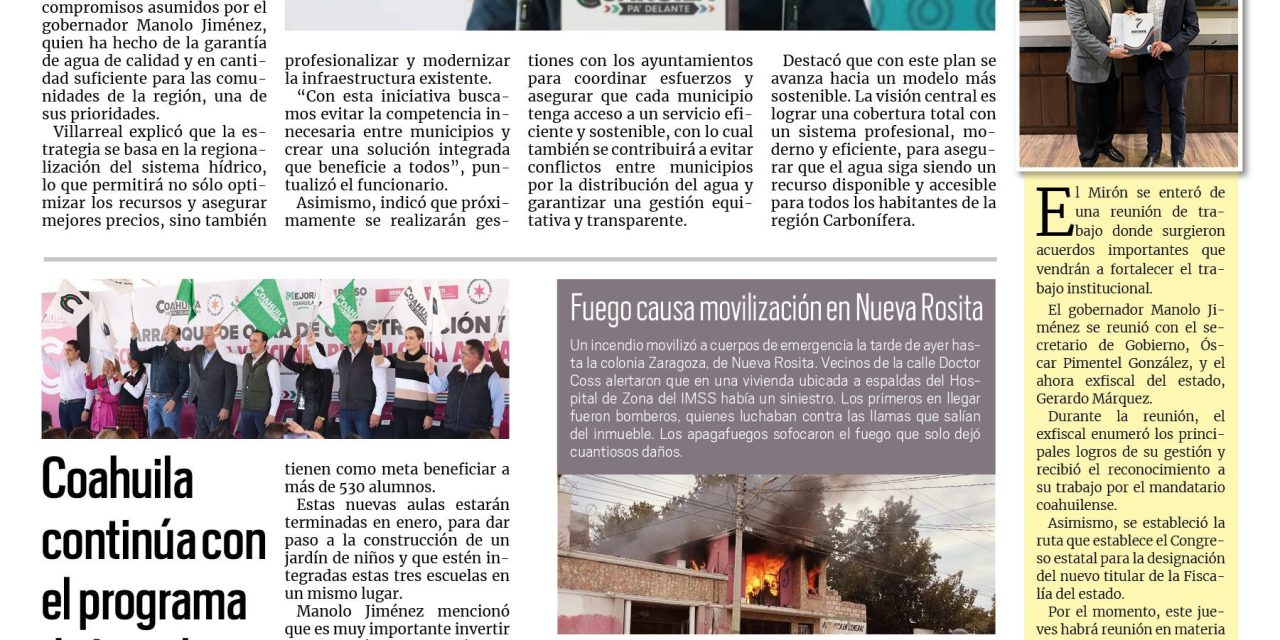 Portada RCG Carbonífera [22 de octubre de 2024] Fortalece Coahuila sistema de agua para la Carbonífera; identifican a dos civiles armados abatidos por fuerzas estatales  y más…