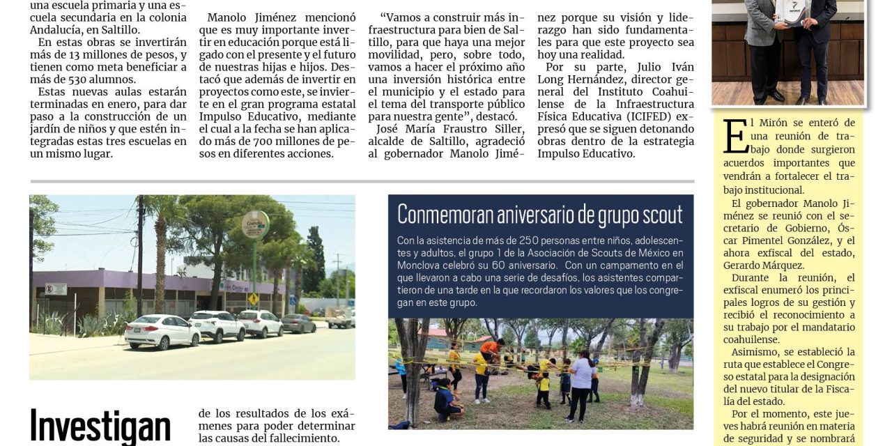 Portada RCG Centro [22 de octubre de 2024] Coahuila continúa con el programa de Impulso Educativo; FGE investiga presunto caso de abuso en una fiesta y más…