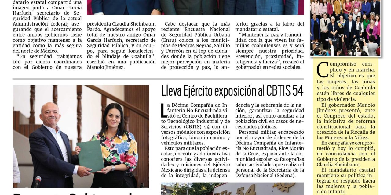 Portada RCG Fronteriza [11 de octubre de 2024] Se fortalece la seguridad en todo Coahuila junto a la federación; Acuña, listo para el cuarto Torneo Amistad Bowl  y más…