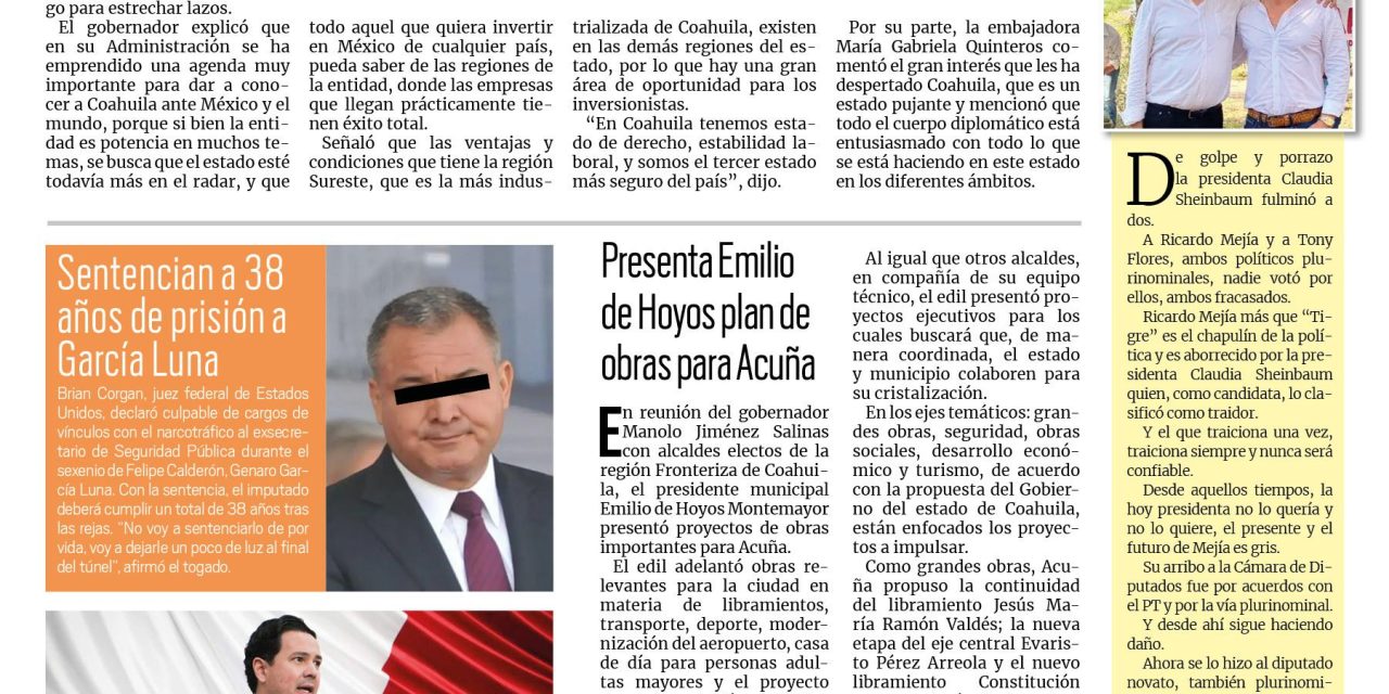 Portada RCG Fronteriza [17 de octubre de 2024] Coahuila y Argentina estrechan lazos de colaboración; entrega Gobierno de Acuña obra de pavimentación  y más…
