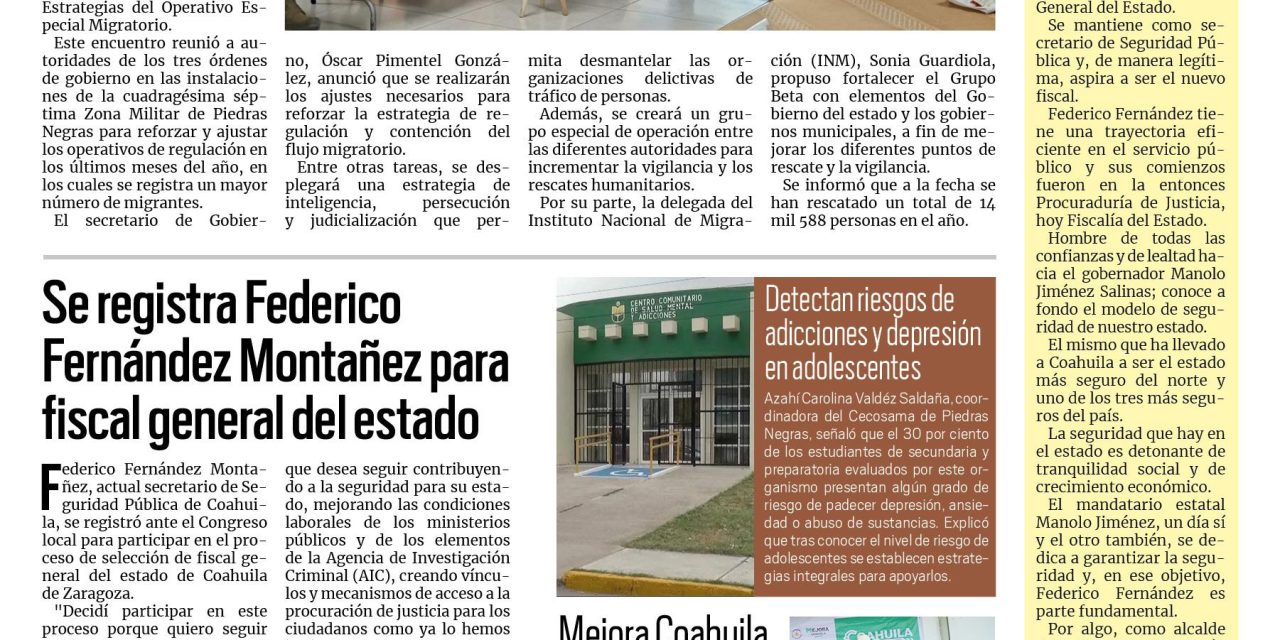 Portada RCG Fronteriza [31 de octubre de 2024] Se registra Federico Fernández Montañez para fiscal general del estado; realizan en Acuña la Feria de la Mariposa Monarca y más…