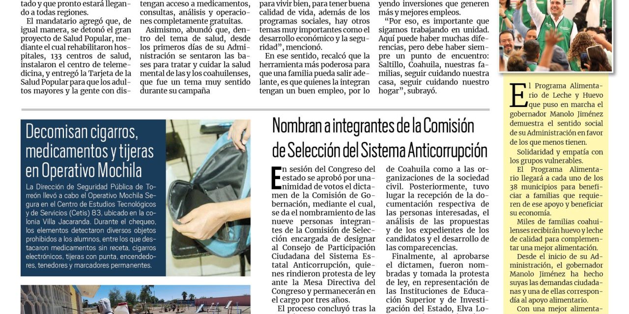Portada RCG Laguna [16 de octubre de 2024] Programa Alimentario beneficia a miles de personas en Coahuila; continúa Secretaría de Salud con acciones contra el dengue y más…