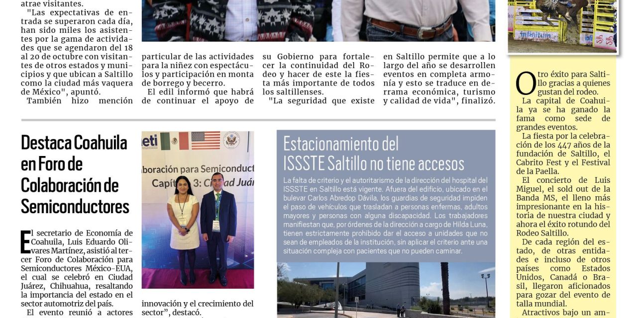 Portada RCG Media [21 de octubre de 2024] Rodeo Saltillo se consolida en la capital del estado; destaca Coahuila en Foro de Colaboración de Semiconductores y más…