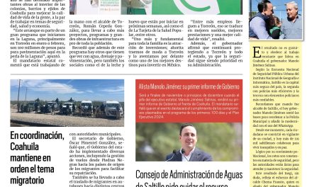 Portada RCG Media [23 de octubre de 2024] Continúa Gobierno estatal con obras sociales en la Laguna; en coordinación, Coahuila mantiene en orden el tema migratorio y más…