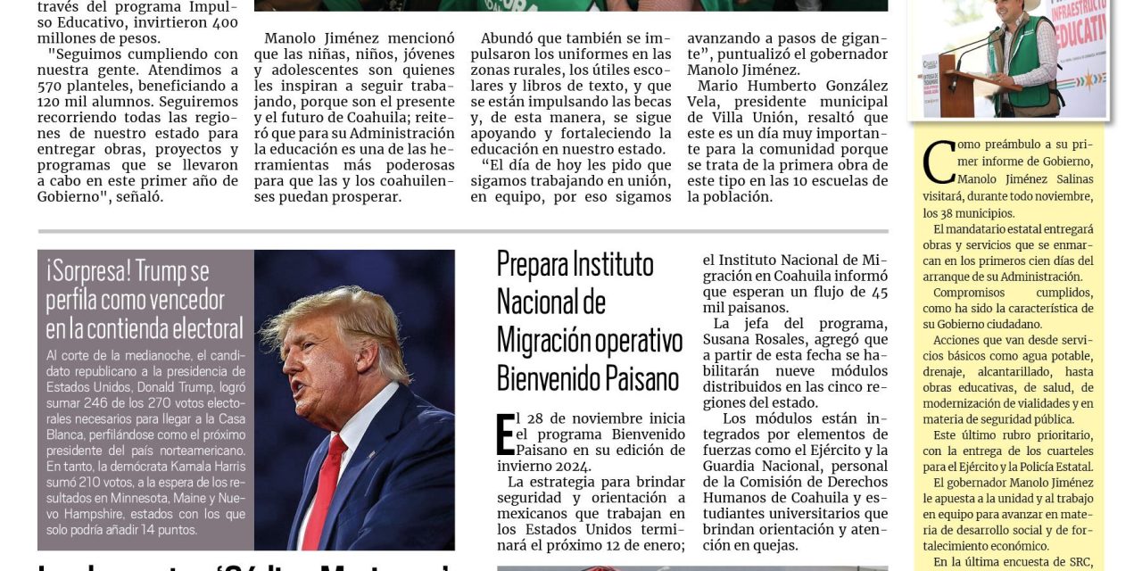 Portada RCG Carbonífera [06 de noviembre de 2024] Manolo Jiménez entrega infraestructura educativa; lluvias evitaron que la fauna silvestre ingresara a poblaciones y más…
