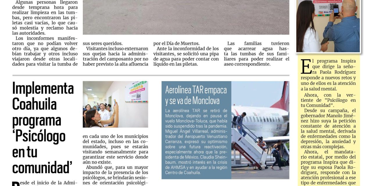 Portada RCG Centro [3 de noviembre de 2024] Denuncian falta de agua en panteón de Monclova; Continúa apoyo de UAdeC a hijos de obreros de AHMSA y más…
