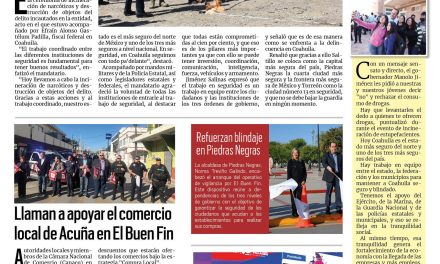 Portada RCG Fronteriza [16 de noviembre de 2024] Coordinación en seguridad, fundamental para tener paz: gobernador de Coahuila; Reconoce Consejo de Vinculación el alto desempeño en universidades en Acuña y más…