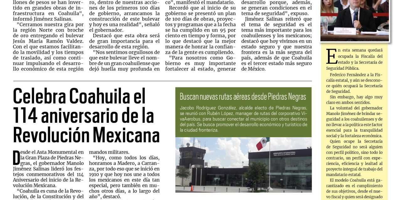 Portada RCG Fronteriza [21 de noviembre de 2024] Celebra Coahuila el 114 aniversario de la Revolución Mexicana; ya se siente el espíritu navideño y más…