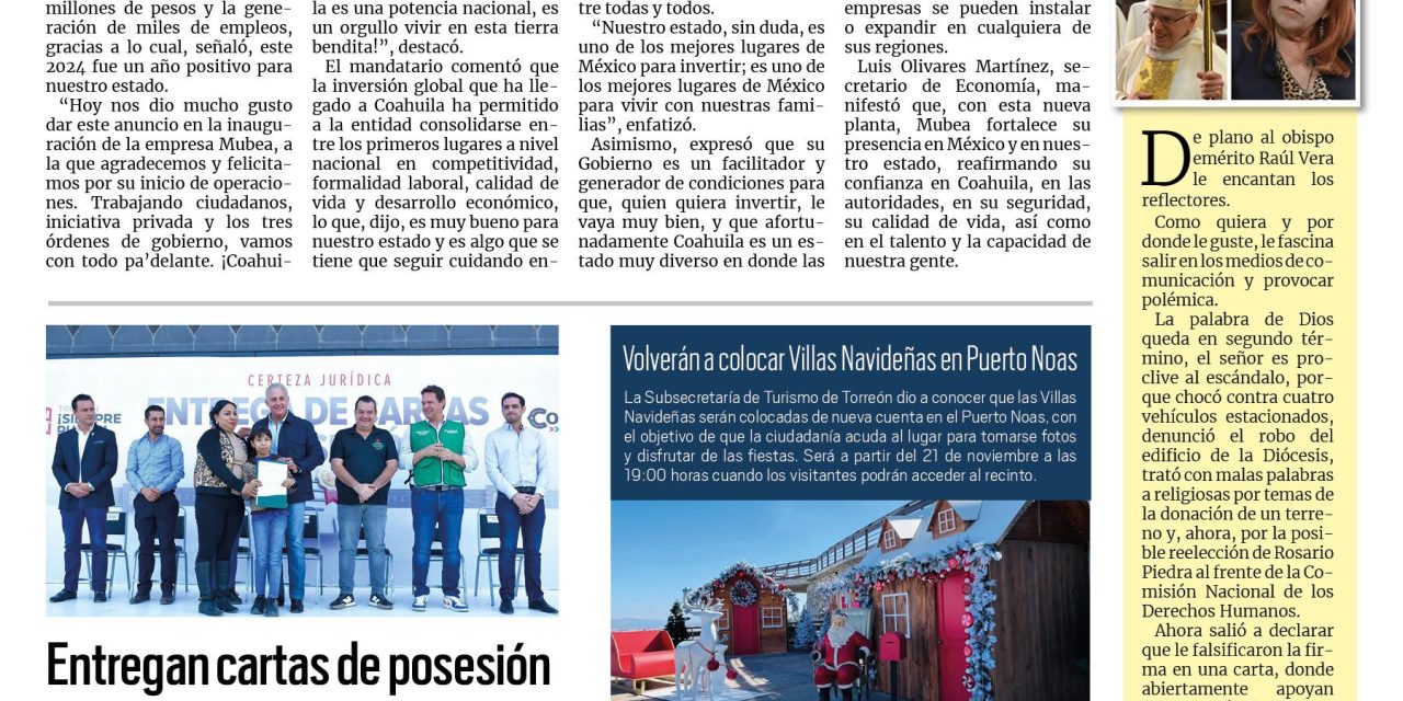 Portada RCG Lagunera [13 de noviembre de 2024] Inversiones por 95 mmdp han arribado a Coahuila; entregan cartas de posesión a 125 familias de Torreón y más …