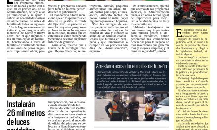 Portada RCG Lagunera [14 de noviembre de 2024] Programa Alimentario beneficia a miles de coahuilenses: Manolo Jiménez; instalarán 26 mil metros de luces navideñas en vialidades y más …