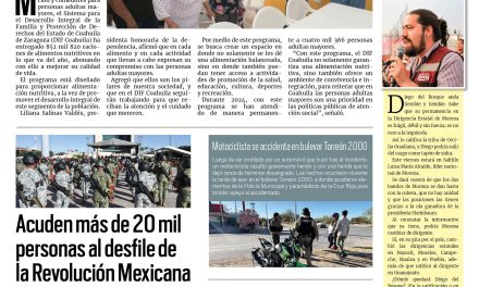 Portada RCG Lagunera [19 de noviembre de 2024] DIF Coahuila brinda atención a todos los adultos mayores; acuden más de 20 mil personas al desfile de la Revolución Mexicana y más…