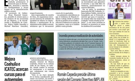 Portada RCG Lagunera [29 de noviembre de 2024] Coahuila presenta protocolo contra el acoso y el hostigamiento; buscan establecer identidad torreonense entre estudiantes y más…