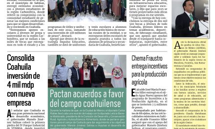 Portada RCG Media [08 de noviembre de 2024] Entregamos más de 200 mdp en apoyos escolares: Manolo Jiménez; consolida Coahuila inversión de 4 mil mdp con nueva empresa y más…
