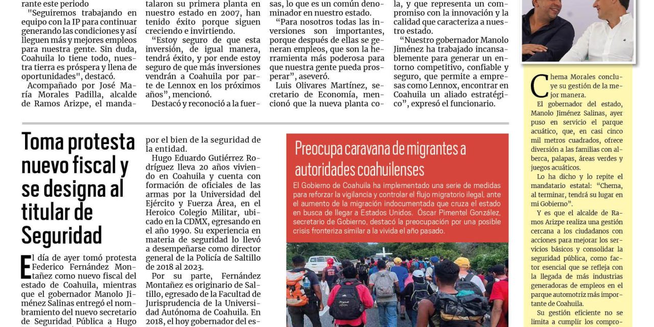 Portada RCG Media [23 de noviembre de 2024] Cerrará Coahuila este 2024 con miles de empleos nuevos; toma protesta nuevo fiscal y se designa al titular de la Secretaría de Seguridad y más…