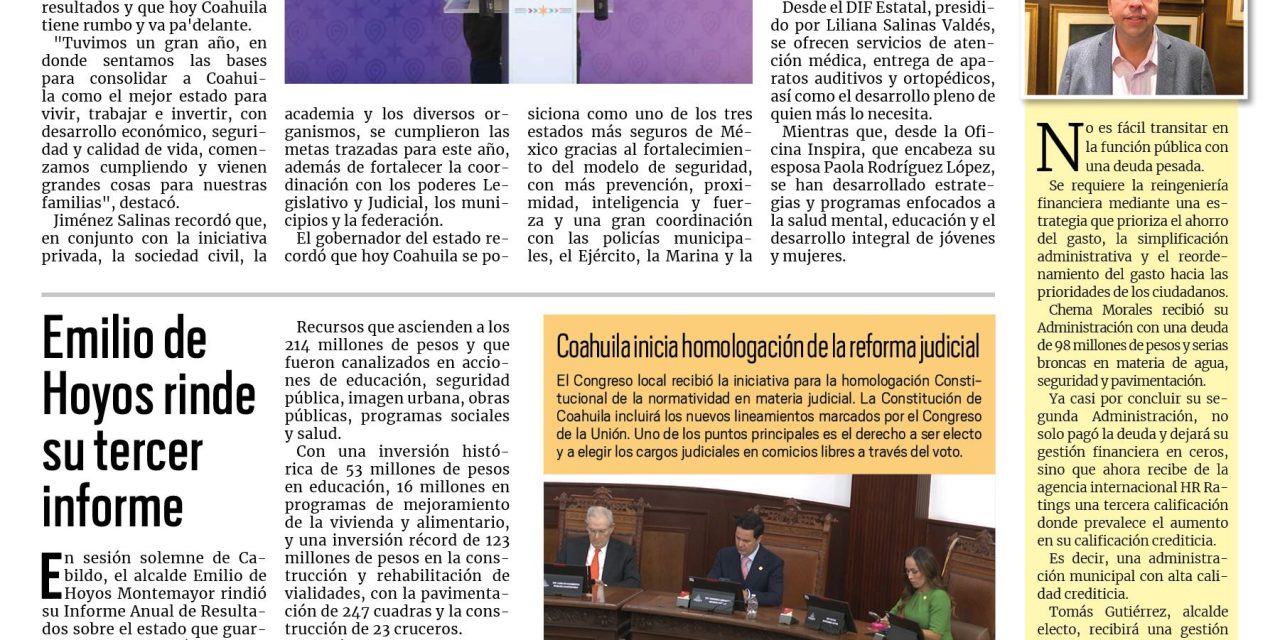Portada RCG Fronteriza [6 de diciembre de 2024] Coahuila tiene rumbo y va pa’delante: Manolo Jiménez: sector industrial se estabiliza en Acuña y más…