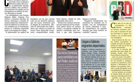 Portada RCG Carbonífera [31 de enero de 2025] Se reúne Manolo Jiménez con embajadores de Suecia, Alemania y Canadá; presentan en Sabinas línea de emergencia para mujeres y más…