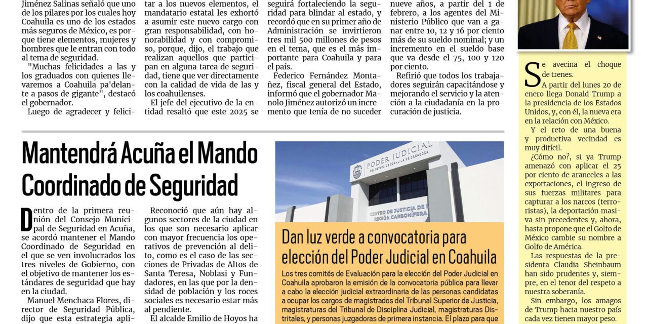 Portada RCG Fronteriza [8 de enero de 2025] Suma Coahuila 491 nuevos elementos de seguridad; Aplica Ayuntamiento Plan Invernal ante bajas temperaturas en Acuña y más…