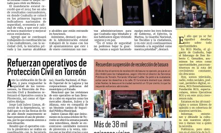 Portada RCG Lagunera [1 de enero de 2025] Este 2025 sigamos hacia adelante juntos por Coahuila: Manolo Jiménez; Anuncian apertura de nueva clínica del IMSS en Torreón y más…