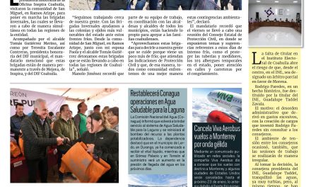 Portada RCG Lagunera [21 de enero de 2025] Realizan autoridades brigadas invernales ante frente frío; lleva Román Cepeda el ‘Operativo Abrigo’ al ejido La Estrella y más…