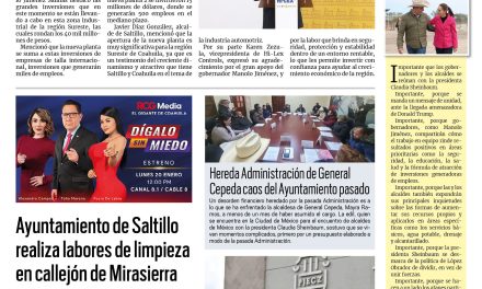 Portada RCG Media [16 de enero de 2025] ‘Arrancamos 2025 con nuevos empleos para Coahuila’; realiza labores de limpieza Ayuntamiento de Saltillo en callejón de Mirasierra y más…