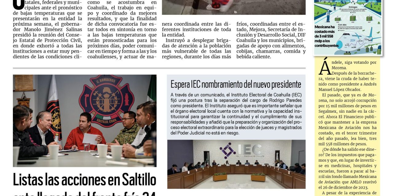 Portada RCG Media [18 de enero de 2025] Coordinan operativos invernales en todo Coahuila; listas las acciones en Saltillo ante llegada del frente frío 24 y más…