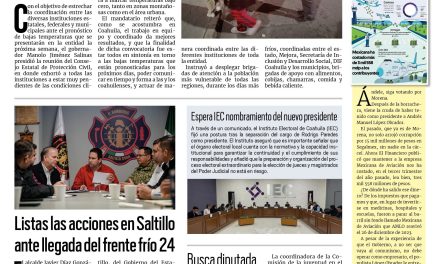 Portada RCG Media [18 de enero de 2025] Coordinan operativos invernales en todo Coahuila; listas las acciones en Saltillo ante llegada del frente frío 24 y más…