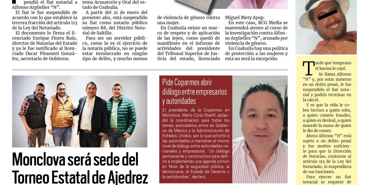 Portada RCG Centro [04 de febrero de 2025] Alfonso Argüelles ‘N’ se encuentra bajo la lupa de la justicia; Monclova será sede del Torneo Estatal de Ajedrez y más…