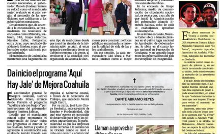 Portada RCG Lagunera [10 de febrero de 2025] Destaca Manolo Jiménez como el gobernador mejor evaluado; da inicio el programa ‘Aquí Hay Jale’ de Mejora Coahuila y más…