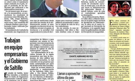 Portada RCG Media [10 de febrero de 2025] Destaca Manolo Jiménez como el gobernador mejor evaluado; trabajan en equipo empresarios y el Gobierno de Saltillo y más…