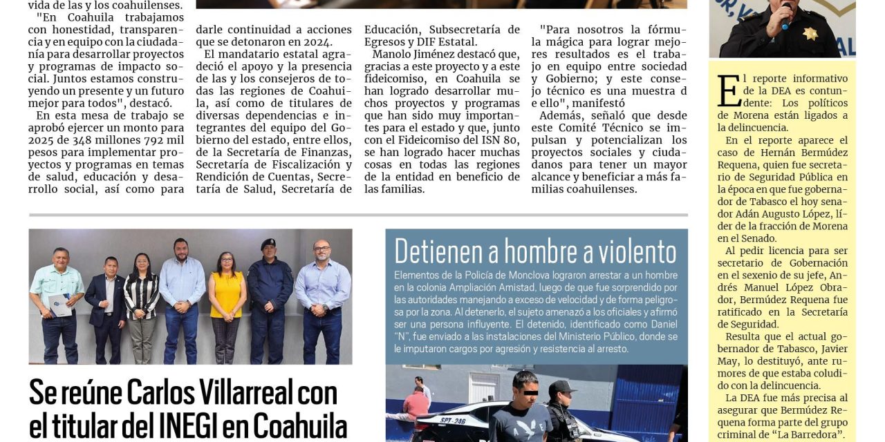 Portada RCG Centro [14 de marzo de 2025] Acuerdan empresarios y Gobierno proyectos para los coahuilenses; se reúne Carlos Villarreal con el titular del INEGI en Coahuila y más…