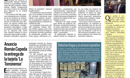 Portada RCG Lagunera [08 de marzo de 2025] Manolo Jiménez cuida, fortalece y empodera a las coahuilenses; Verificará Ayuntamiento de Torreón uso de agua en autolavados y más…