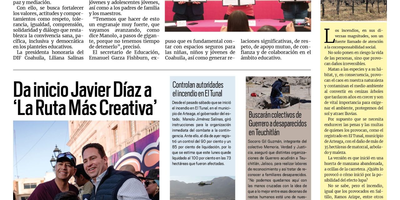 Portada RCG Media [17 de marzo de 2025] Trabaja Coahuila por una cultura de la paz en las escuelas; da inicio Javier Díaz a ‘La Ruta Más Creativa’ y más…