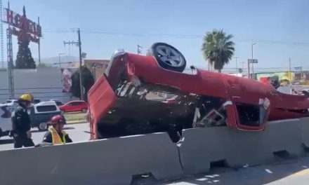 Choca contra ballenas de concreto, vuelca y huye en Saltillo