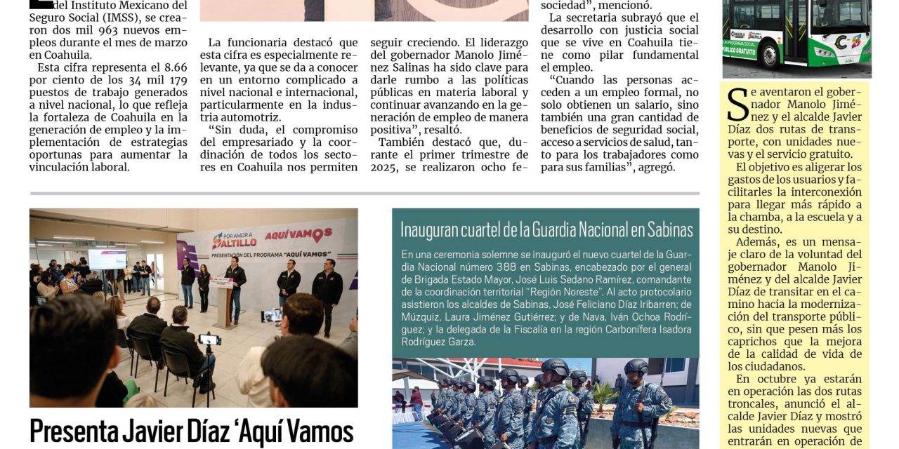 Portada RCG Carbonífera [9 de abril de 2025] Al alza el empleo formal en todo Coahuila; supervisan palapas y balnearios en Múzquiz y más…