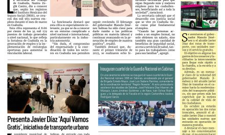 Portada RCG Carbonífera [9 de abril de 2025] Al alza el empleo formal en todo Coahuila; supervisan palapas y balnearios en Múzquiz y más…