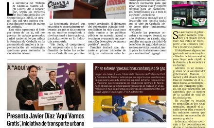 Portada RCG Lagunera [9 de abril de 2025] Al alza el empleo formal en todo Coahuila; inicia Simas Torreón trabajos de drenaje en la Zona Centro y más…