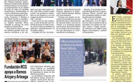 Portada RCG Lagunera [26 de abril de 2025] Continúa Mejora Coahuila con entrega de apoyos del Programa Alimentario; fortalece Torreón la legalidad en el sector restaurantero y más…