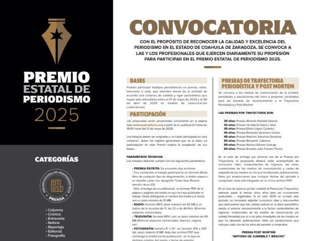 Convocan al Premio Estatal de Periodismo 2025
