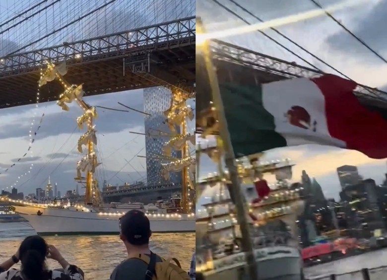 Buque ‘Cuauhtémoc’ de la Marina choca contra el puente de Brooklyn