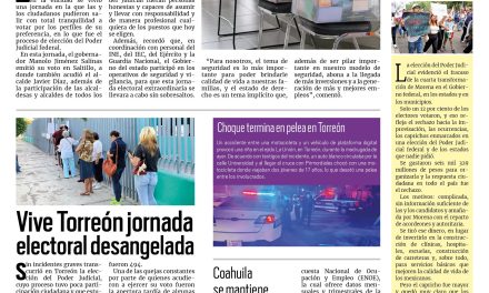 Portada RCG Lagunera [2 de junio de 2025] Participan coahuilenses en elección judicial con orden y paz; vive Torreón jornada electoral desangelada y más…