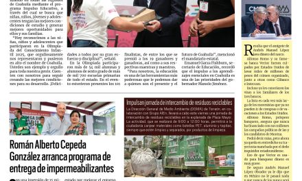 Portada RCG Lagunera [27 de junio de 2025] Manolo Jiménez entrega premios a ganadores de la Olimpiada del Conocimiento;Román Alberto Cepeda González arranca programa de entrega de impermeabilizantes y más…