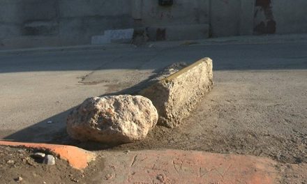 Diques obstruyen la banqueta en la colonia Nueva Tlaxcala